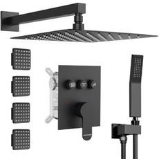 Shower System with Body Jets,Bostingner 3 Way Shower Faucet Set 12" Rain Shower Head with Handheld Spray, Can Use at Same Time,Push Button Diverter Shower Head Set Complete, Matte Black