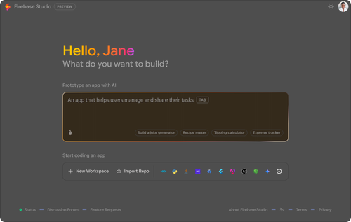 Firebase Studio welcome screen