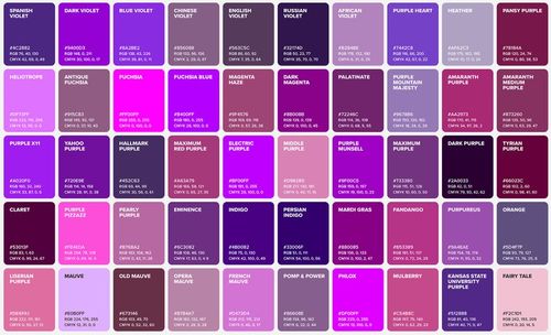 May include: A chart of 50 different shades of purple, with the name of each shade listed below the colour swatch. The names include "Spanish Violet", "Dark Violet", "Blue Violet", "Chinese Violet", "English Violet", "Russian Violet", "African Violet", "Purple Heart", "Heather", "Pansy Purple", "Heliotrope", "Antique Fuchsia", "Fuchsia", "Fuchsia Blue", "Magenta Haze", "Dark Magenta", "Palatinate", "Purple Mountain Majesty", "Amaranth Purple", "Amaranth Medium Purple", "Purple X11", "Yahoo Purpl