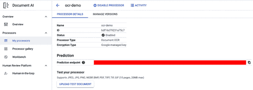 图 13.3 – Google Cloud 控制台 UI 中的 Document AI 处理器详细信息