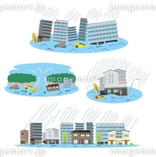 水害の災害建物素材イラストセット ダウンタウン,超高層建築,アイコのイラスト素材