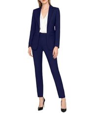 Women 2pcs Formal Suits Slim Fit Solid Casual Outfit Dressy Lady Pinstripe Suit Blazer Pants Set Navy Professional Work XL