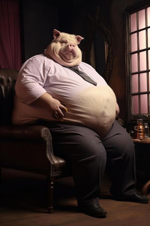 Photo fat big man pig in the style of conceptual portraiture
