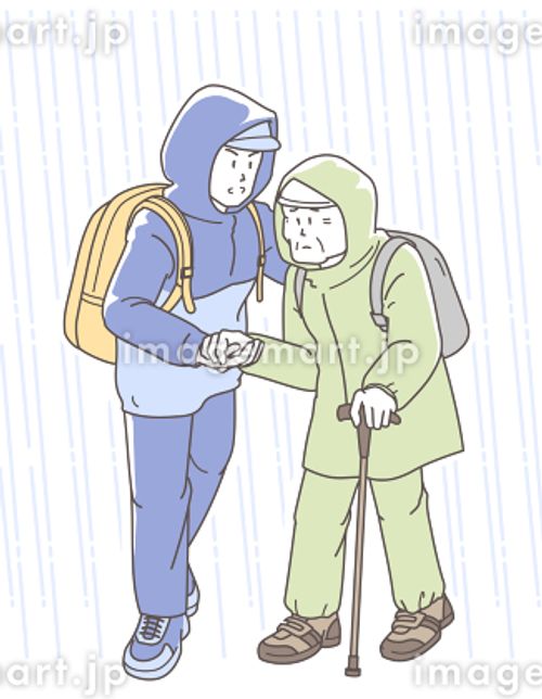 水害時に高齢者を介助して避難する男性のイラスト リュックサック,レインコート,おじいさんのイラスト素材