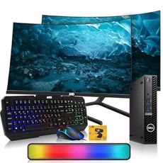 Dell Optiplex Tiny Mini Desktop PC, Core i5, 32GB RAM, 512GB SSD with Dual 24 inch Curved Monitor, AI Enabled RGB Keyboard Mouse, RGB Soundbar and Webcam Windows 11 Pro (Renewed)