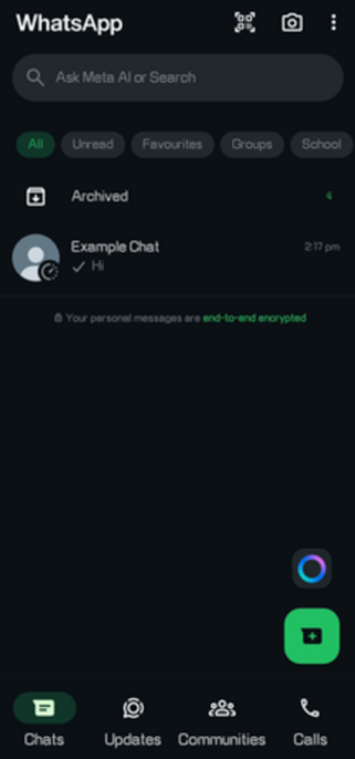 Screenshot depicting WhatsApp's home screen in 2025