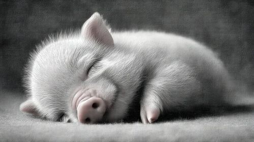 Adorable fluffy piglet asleep on a soft gray surface in a gentle, grayscale setting