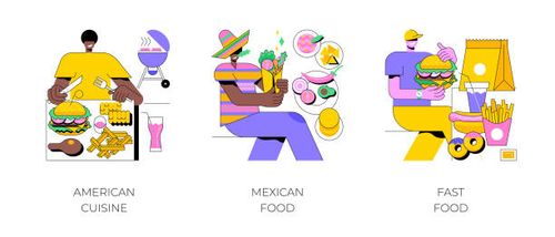 National cuisine abstract concept vector illustrations. National cuisine abstract concept vector illustration set. American cuisine, mexican and fast food, barbecue dish, burrito recipe, chain restaurant, snack menu, takeout meal abstract metaphor. restaurant chain stock illustrations