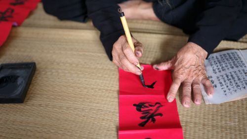 Traveler practicing Chinese calligraphy strokes