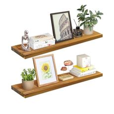ILOT Teak Wood Floating Shelves Perfect for Bathroom Décor Pack of 2 Wooden Wall Shelves for Bedroom Living Room Kitchen Simple Minimalist Home Décor 30” x 6.7”