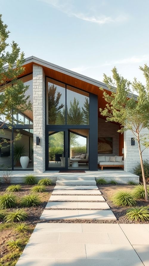 Mid-century modern house exterior with expansive glass facades and a landscaped entrance.
