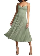 lygdarling Women's Formal Dresses Tea Length Spaghetti Straps Flowing Satin Pleated Evening Party Dress Dusty Sage US24W
