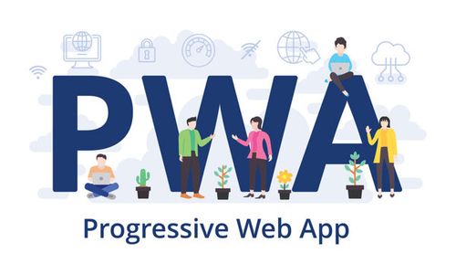 PWA - Progressive Web App concept with big word text acronym and team people in modern flat style vector illustration