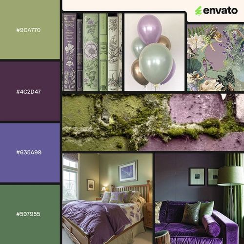 Sage green and dark color palette with hex codes.