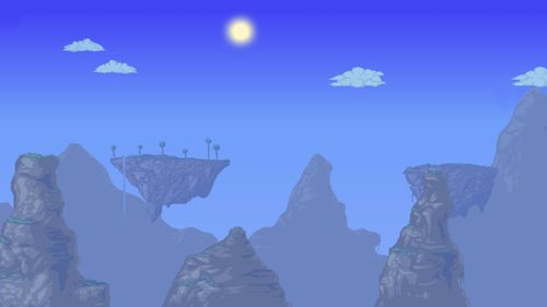 Floating mountain platforms under a bright sun with fluffy clouds. — Terraria Background