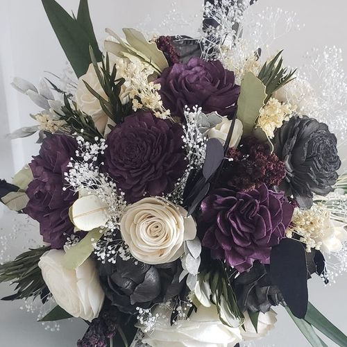 Plum and Charcoal Wood Flower Bouquet, Sola Bridal Flowers with Dark Purple and Grey, Goth Wedding Florals, Halloween Theme Flowers