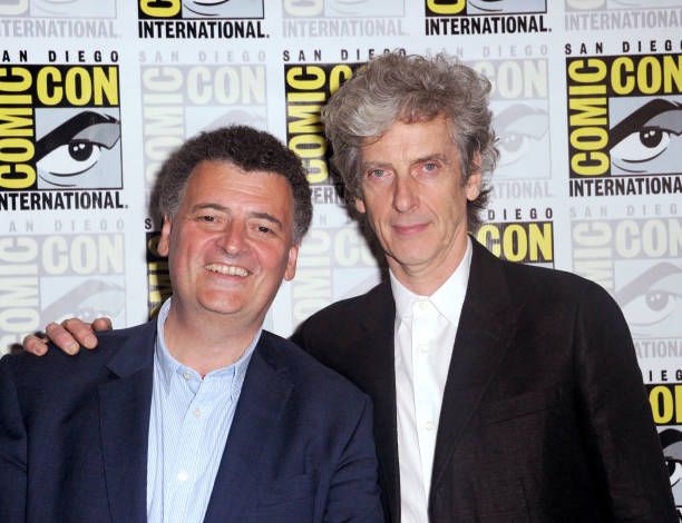 Writer/producer Steven Moffat and actor Peter Capaldi during 2017 Comic-Con International at San Diego Convention Center on July 23, 2017 in San...