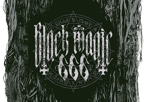 phrase Black magic 666, written in gothic font Vector banner on the theme of occultism with the phrase Black magic 666, written in gothic font with inverted crossesin frame with realistic trees, roots and branches. Can be used for for t-shirt, poster, banner, record cover number 666 stock illustrations