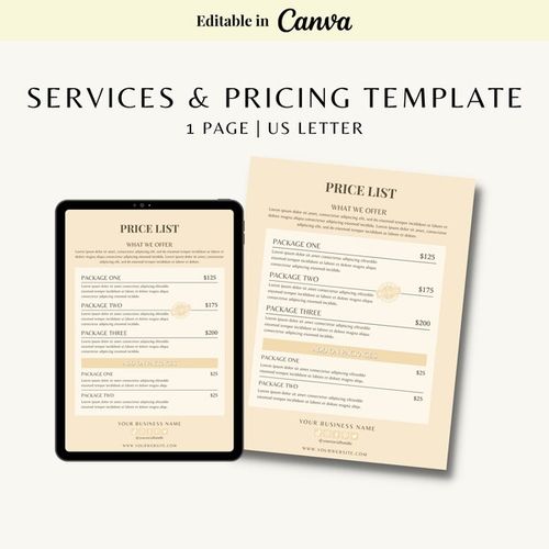 1 Page Services and Pricing Package Template for Virtual Assistants, Freelancers, and Social Media Managers | Price List | Canva Template