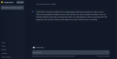 HuggingChat 回答说他不是最好的人工智能聊天机器人。