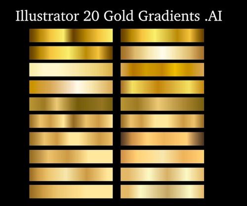 May include: Illustrator 20 Gold Gradients .AI, a set of 20 gold gradient swatches for use in Adobe Illustrator.
