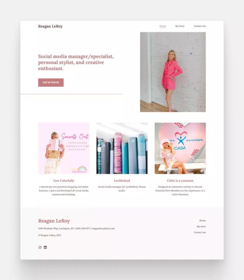The pink and white portfolio website of social media manager, personal stylist, and creative enthusiast, Reagan LeRoy.