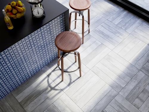Kitchen with crosshatch tile floor pattern