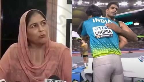 Indias Javelin thrower Neeraj Chopras mother (left) and Pakistans Arshad Nadeem hugging Chopra. — Twitter