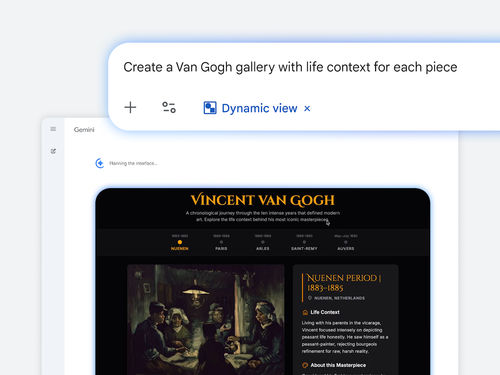 The Gemini UI showing a prompt for a van Gogh gallery with the "Dynamic view" toggle enabled. It displays a chronological timeline of Vincent van Gogh’s life and a gallery view of one of his paintings with historical context.