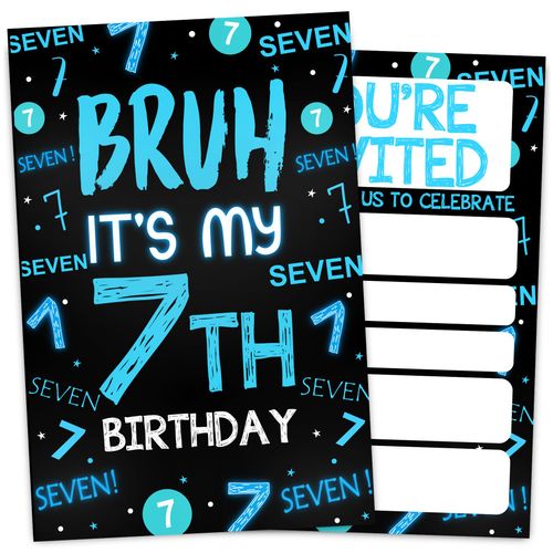 VIVORA 7th Birthday Invitation Card for Boys Girls, Neon 7 Year Old Birthday Party Invites, 30 Cards & 30 Envelopes, 4x6 I...