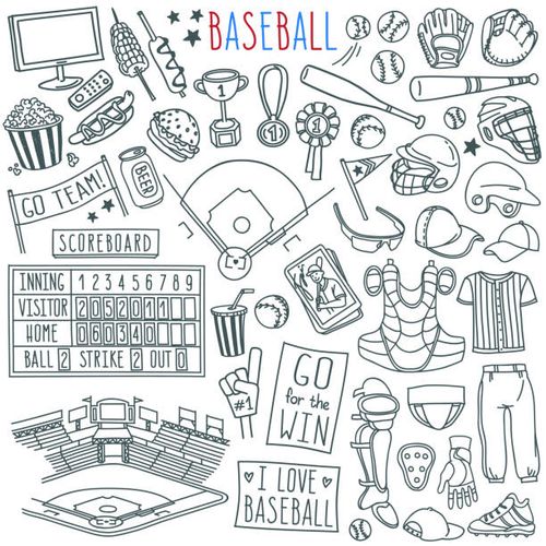 Baseball doodle set. Special equipment, player's clothing, field, stadium, fan's banners and signs. Hand drawn vector illustration isolated on white background baseball doodles stock illustrations