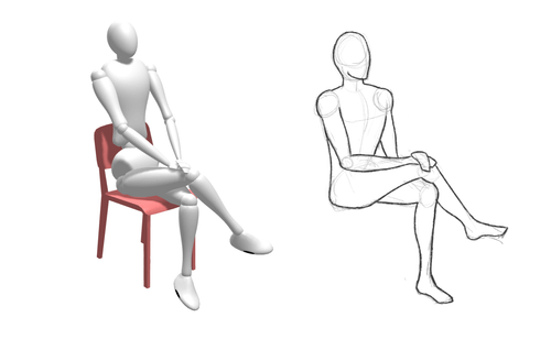 Reference pose model sitting on a red chair and a drawing of the pose