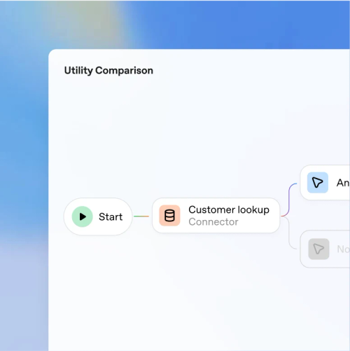 標題為「公用事業比較」的視覺工作流程螢幕截圖，顯示淺色背景上的流程圖介面中分別標示為「開始」和「客戶搜尋連接器」的連接模組。