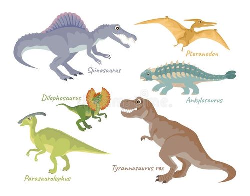 Set of dinosaurs isolated on white background. T-Rex, Spinosaurus, Pteranodon, Ankylosaurus, Dilophosaurus, Parasaurolophus. Vector illustration of cute characters in cartoon flat style. Dinosaurs names vectors