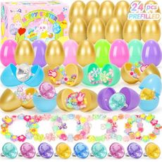 SevenQ Prefilled Easter Eggs with Bracelets Rings 24 Pack Kids Jewelry for Girls Easter Basket Stuffers Gifts for Kids Fidget Toys Fillers Princess Party Favors Classroom Treasure Box Egg Hunt Games