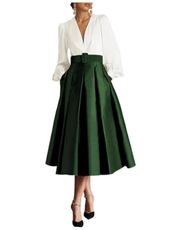 Teplpce White Emerald Green Long Sleeves Prom Dress for Women Tea Length Saitn V Neck Formal Wedding Guest Dresses with Pocket Evening Party Gowns Midi A Line US4