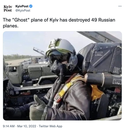 Kyiv KyivPost O Post @KyivPost The "Ghost" plane of Kyiv has destroyed 49 Russian planes. 9:14 AM · Mar 10, 2022 · Twitter Web App
