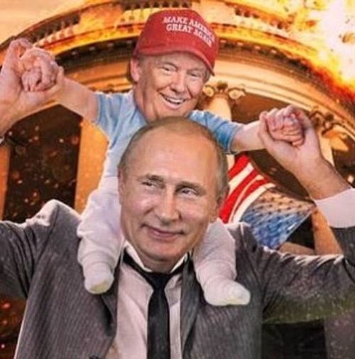 This meme shows Trump as a baby wearing a 'Make America Great Again' hat as he is hoisted on Putin's shoulders