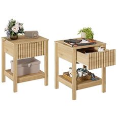 TROJM Fluted Night Stand with Golden Handle,Set of 2 Mid-Century Nightstands with Drawer, Bedside Table with Storage Shelf,Large End Tables for Livingroom,Bed Side Tables for Bedroom, Natrual Oak