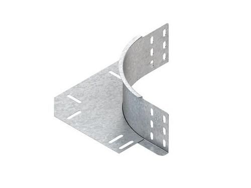 Extension Elbow with unperforated side profile, but with connector perforations, with integrated splice plates, with continuous cable support through overlapping base plate