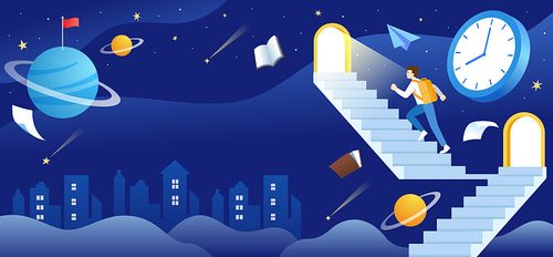 一个向上爬楼梯的学生和星空背景图片下载