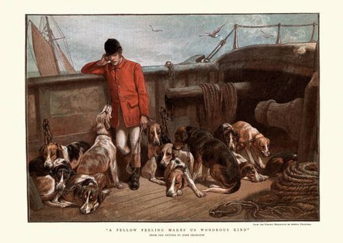 Huntsman and his dogs traveling by boat, Victorian, 19th Century Vintage engraving of a Huntsman and his dogs traveling by boat, 1884, 19th Century. A fellow feeling makes us wondrous kind, after the painting by John Charlton fox hunting stock illustrations