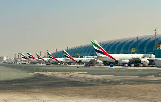 Emirates Airlines aircraft on the ground at the terminal in Dubai International Airport, UAE. Dubai, UAE - November 8, 2024: A row of Emirates Airlines airplanes at the terminal in Dubai, UAE. emirates airline stock pictures, royalty-free photos & images