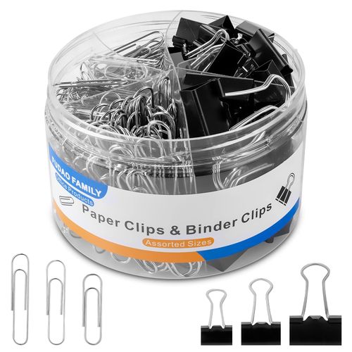 FUDAO FAMILY Paper Clips & Binder Clips, 340 PCS Assorted Sizes, Silver & Black, Metal, Medium, Large, Small