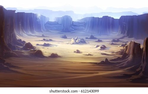 digital illustration of abandoned desert land canyon landscape view environment