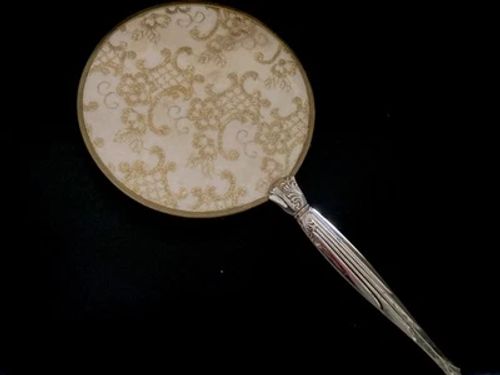 Vintage Hand Mirror Gold Tone Handle Embroidered Background 14 /2” X  7” - Image 1 of 4