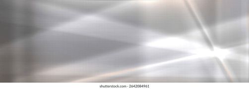 Silver metal gradient background with light rays - polished mirror surface reflecting bright beams. Brushed steel texture with smooth chrome finish for modern design, industrial technology wallpaper. Stock Vector