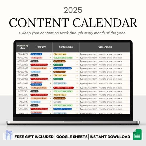2025 Social Media Content Calendar Template Google Sheets Monthly & Yearly Marketing Planner ... #calendarorganizer