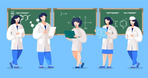 Medical University or College Students Chemists Collection of chemists studying in college or university. Future doctors and medical workers defending final paper presenting molecule on blackboard. Teachers or mentors on seminar, vector in flat bachelor of science stock illustrations