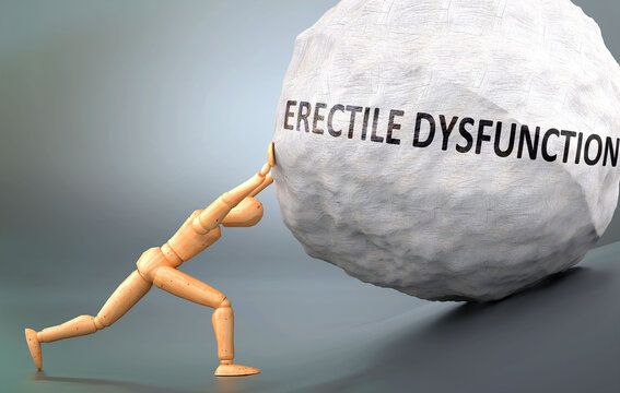 Erectile dysfunction and painful human condition, pictured as a wooden human figure pushing heavy weight to show how hard it can be to deal with Erectile dysfunction in human life, 3d illustration